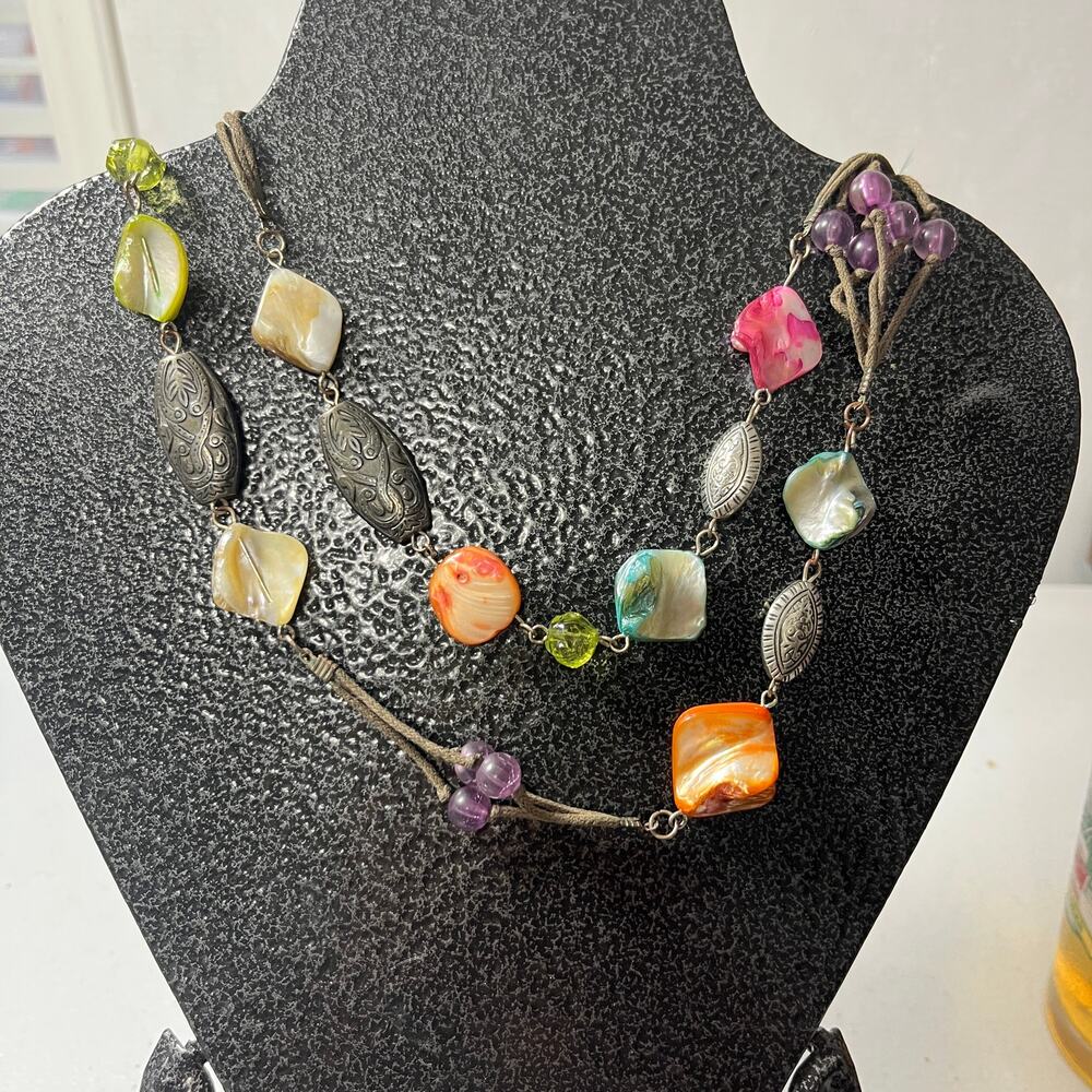 Multicolored Long MOP Shells on Brown Cord Necklace Silver Tone Beads 38-42"